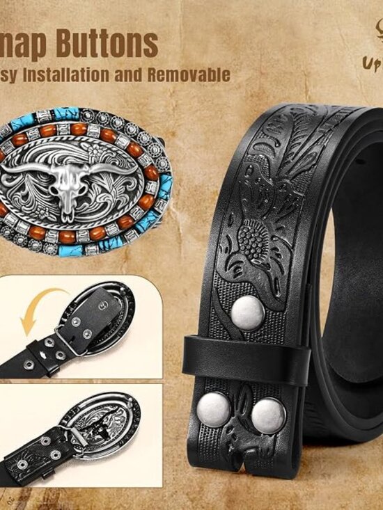 Western Genuine Leather Belt with Turquoise Oval Buckle Cowboy Jeans Belt main image 6